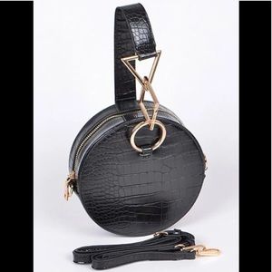 Black round croc embossed leather clutch